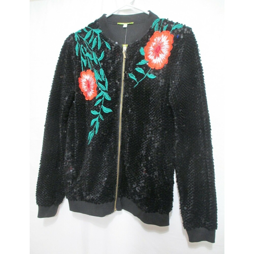 NWT Gianni Bini Womens Cardigan Jacket Black Sequin Floral Zip Size XS